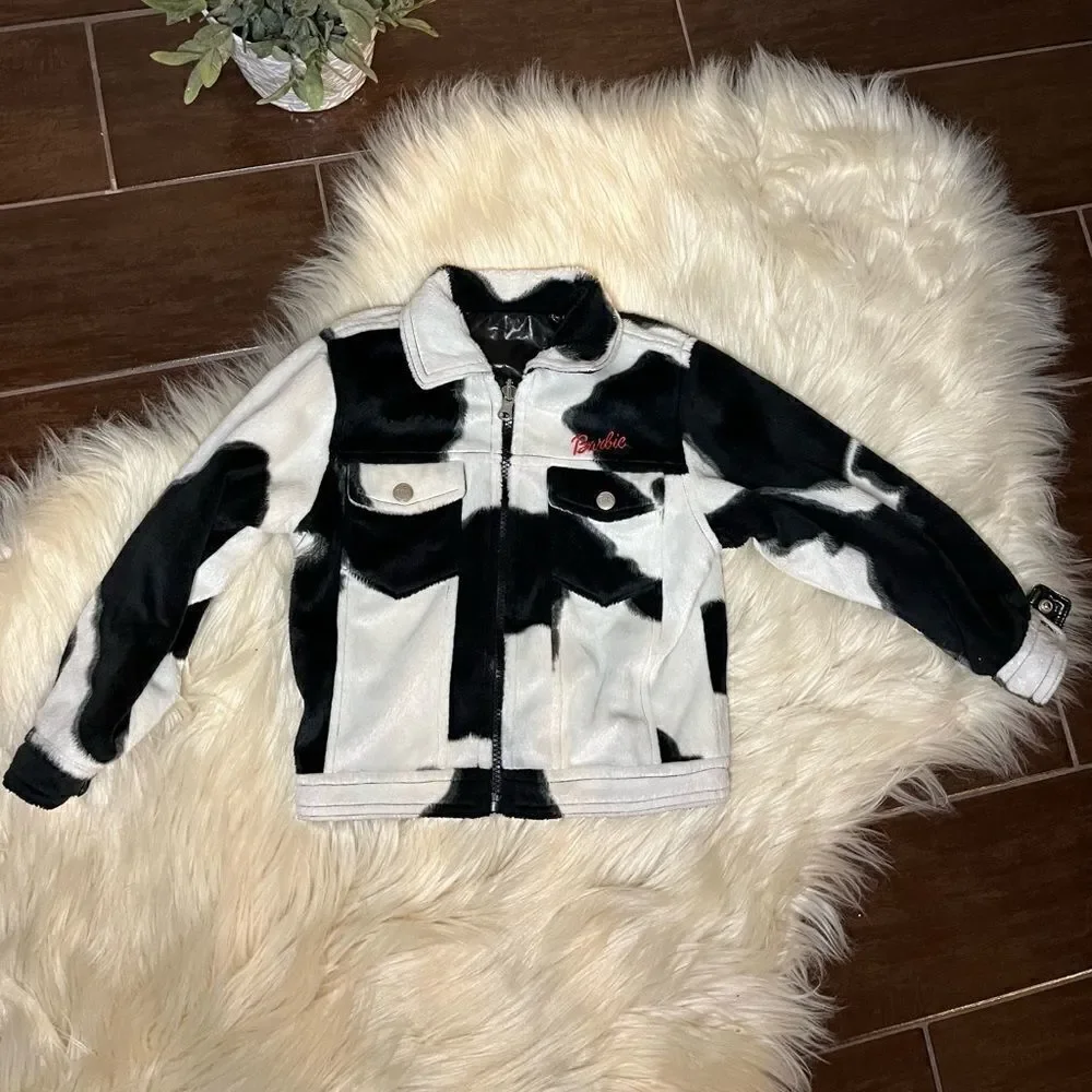 Barbie faux black leather/cow print biker reversible jacket sz5